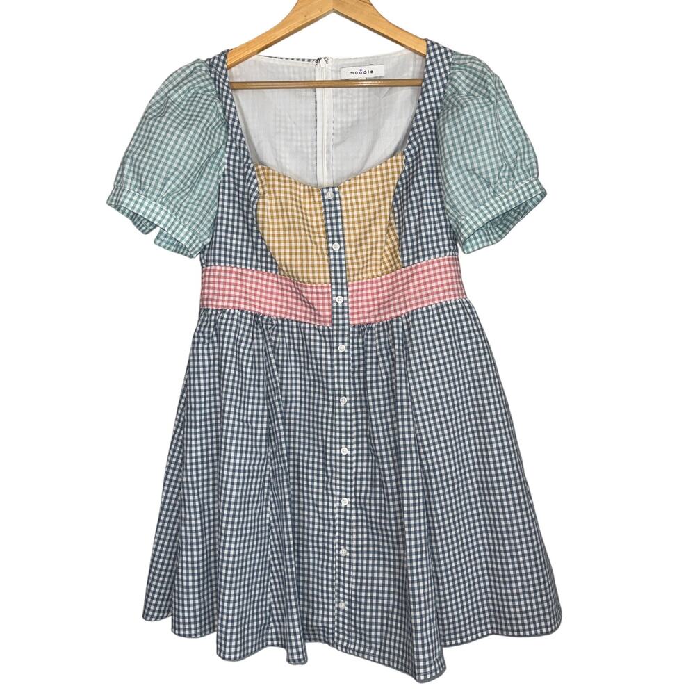 Moodie Madras Patchwork Dress Womens Large Short Mini Gingham Plaid Blue Picnic